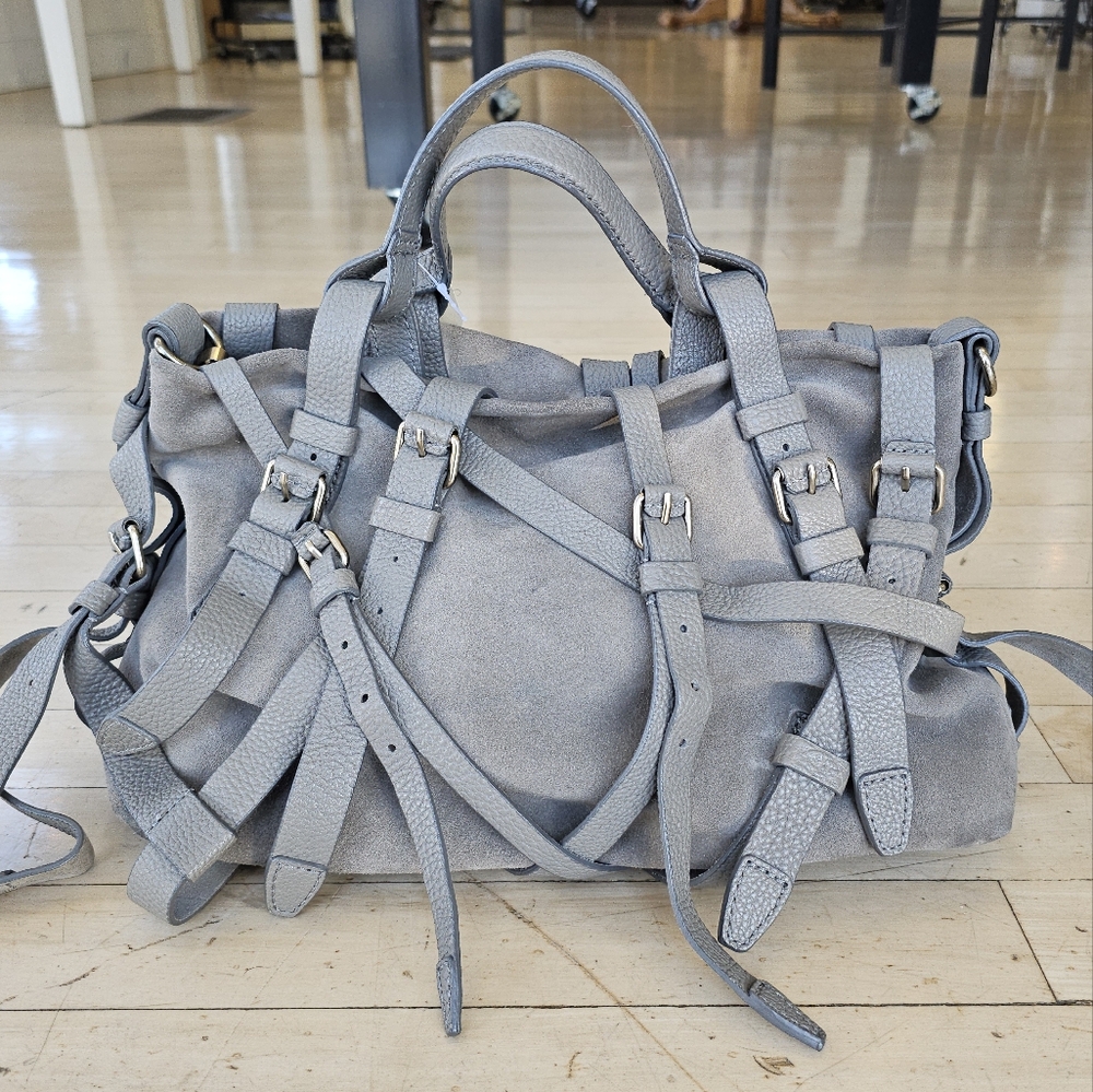 Alexander Wang grey suede leather strappy buckle handbag purse